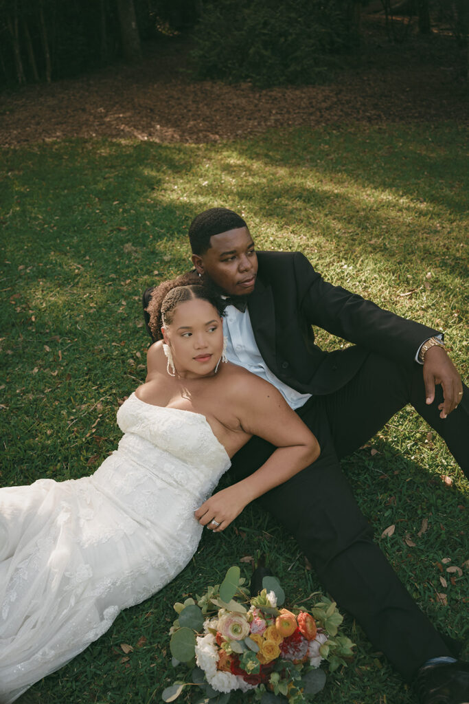 Casey and Nick posing at Bok Tower Gardens during their elopement photos